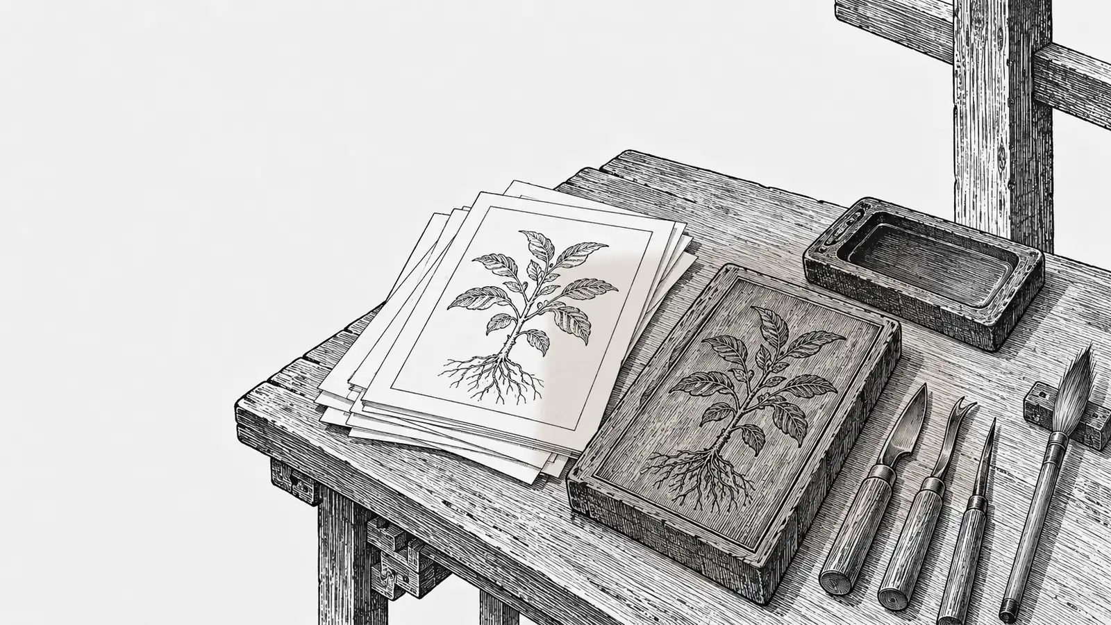木刻淡彩:書案上一疊印好的植物圖書頁、一塊刻著同一株植物的木版、一方硯台和幾把刻刀