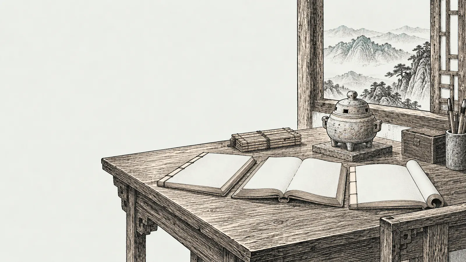木刻淡彩：窗邊書案上並排攤開三冊書，旁邊一只香爐、筆筒與一捆竹簡