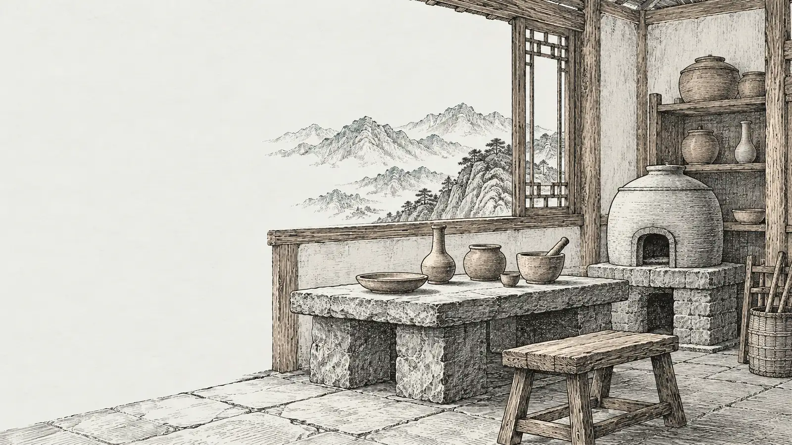 木刻淡彩:山居丹房一角,石案上擺著陶罐、碗與研缽,旁邊一座土丹爐,窗外遠山