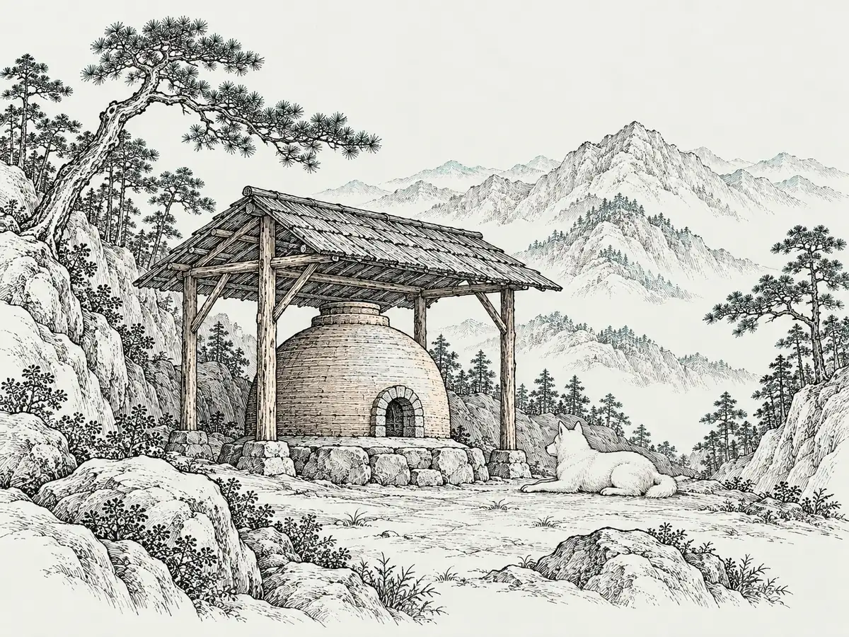 木刻淡彩:山中松樹下的草頂棚子裡有一座圓頂丹爐,爐旁臥著一隻白狗