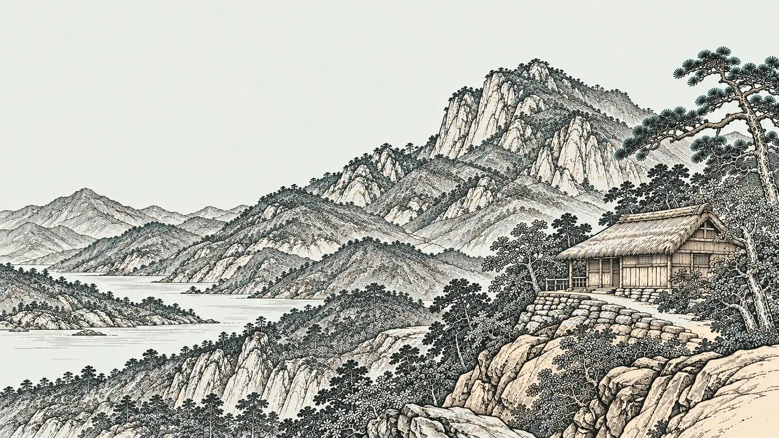 木刻淡彩：羅浮山群峰間的一座草廬