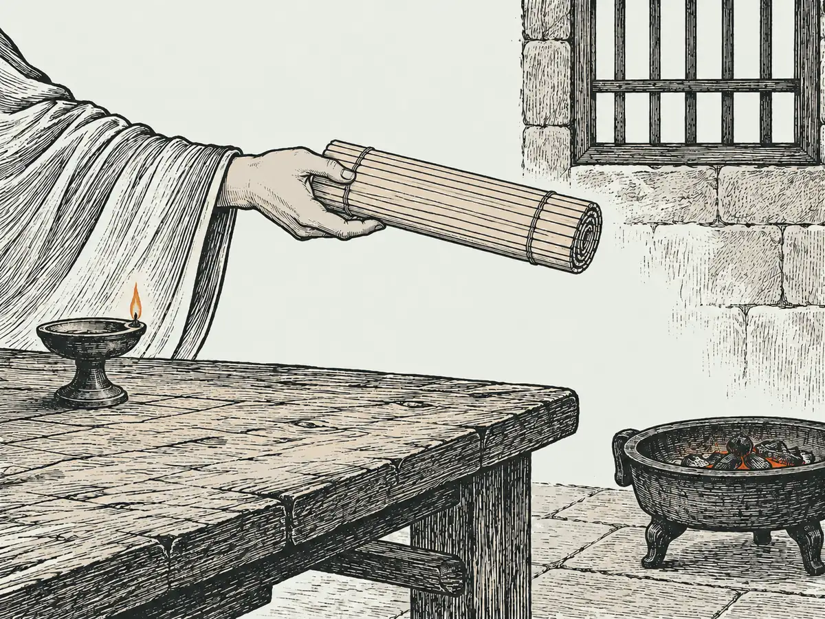 木刻淡彩：獄中石牆窗下，一隻手遞出空白竹簡書卷，桌上一盞油燈，旁邊一只火盆