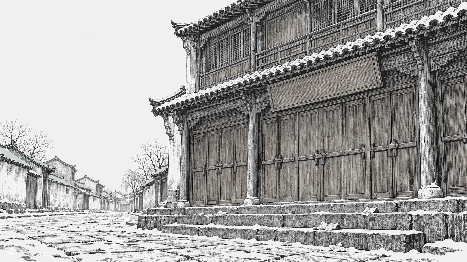 木刻淡彩：冬日街口，一間店鋪的門板全部關上，門楣掛著空白的木招牌，門前幾級石階
