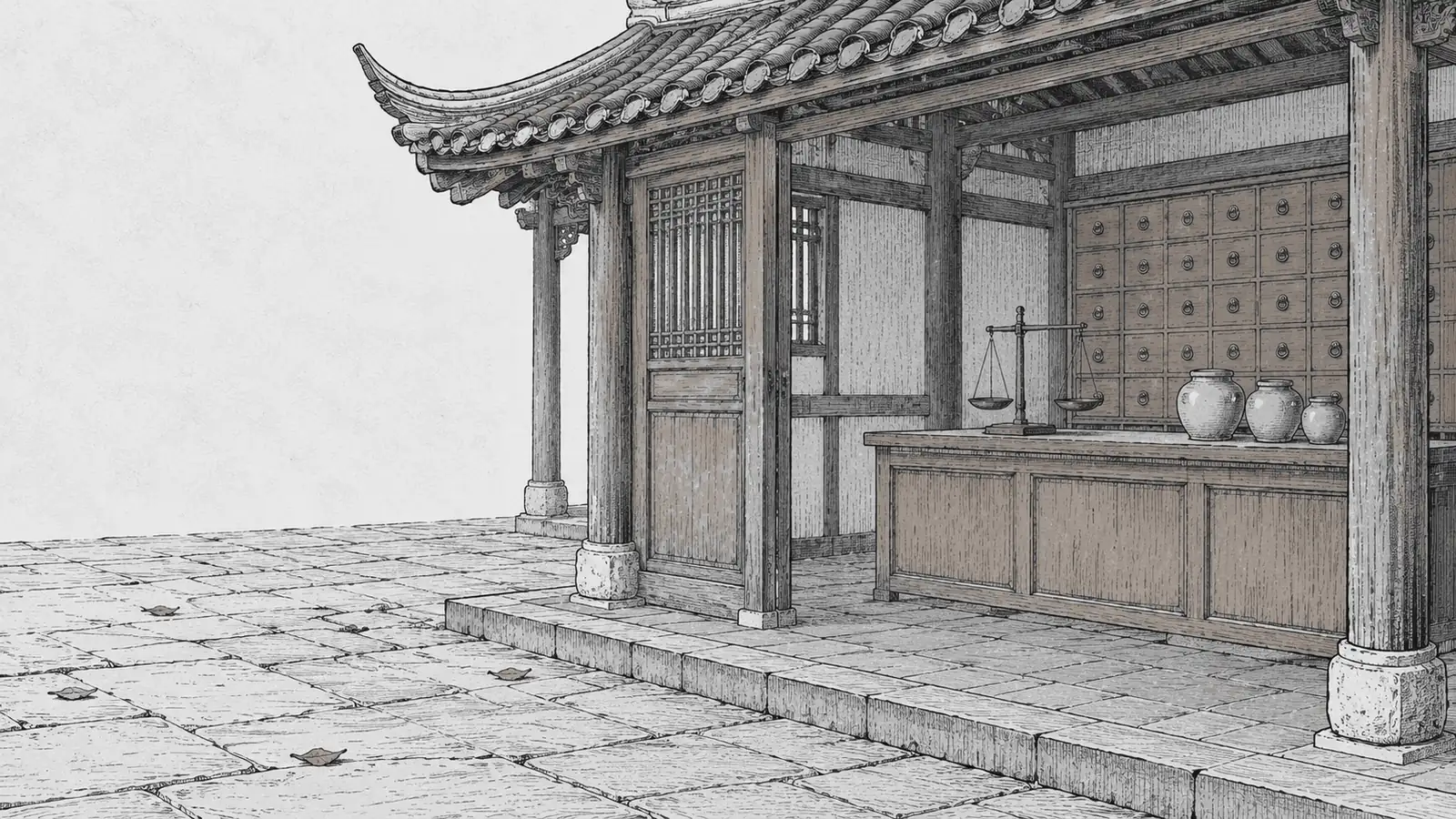 木刻淡彩:廟埕一角的廂房,屋簷下擺著木櫃台、藥秤與幾只瓷罐,後牆是一排藥櫃抽屜