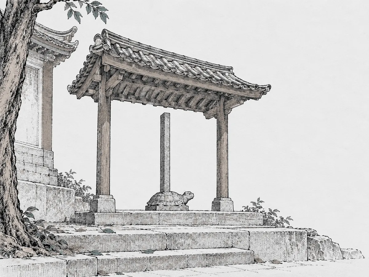 木刻淡彩:樹旁一座小亭,亭內立著一方石碑,碑座是龜形,前面幾級石階