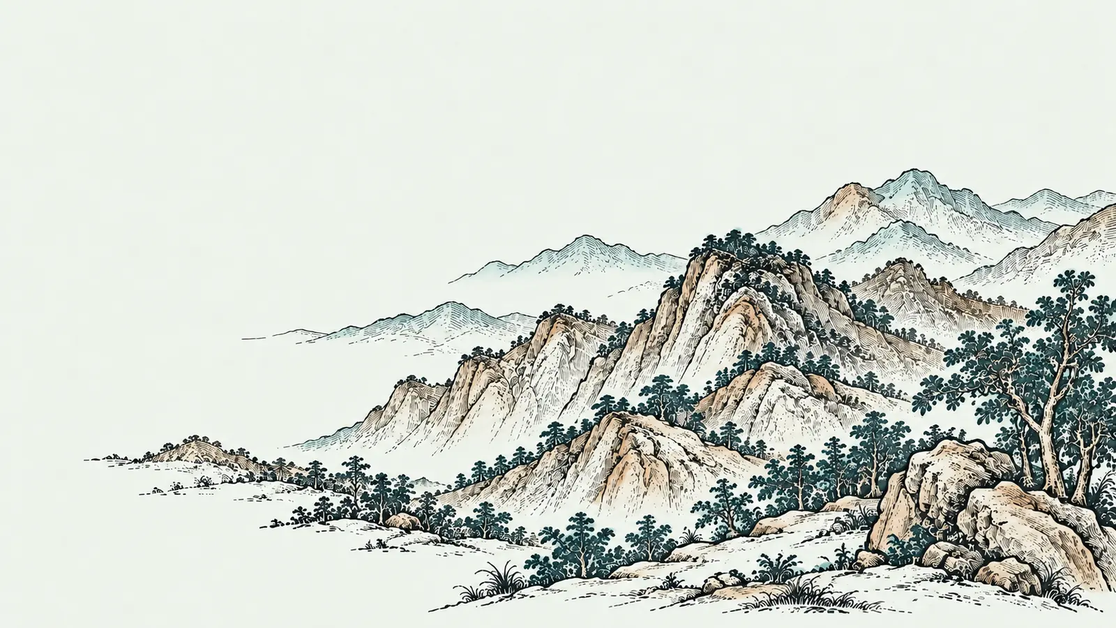 木刻淡彩:太白山群峰遠景