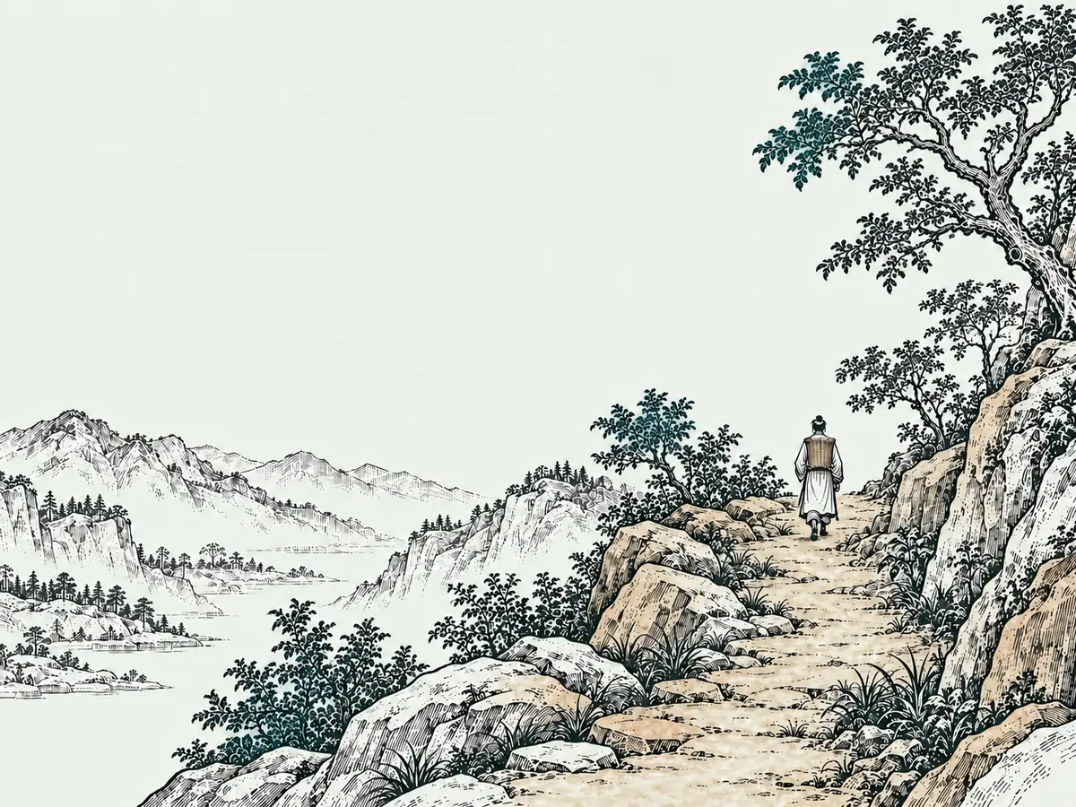 木刻淡彩:山路上背著藥簍的行旅背影,路旁岩石與松樹