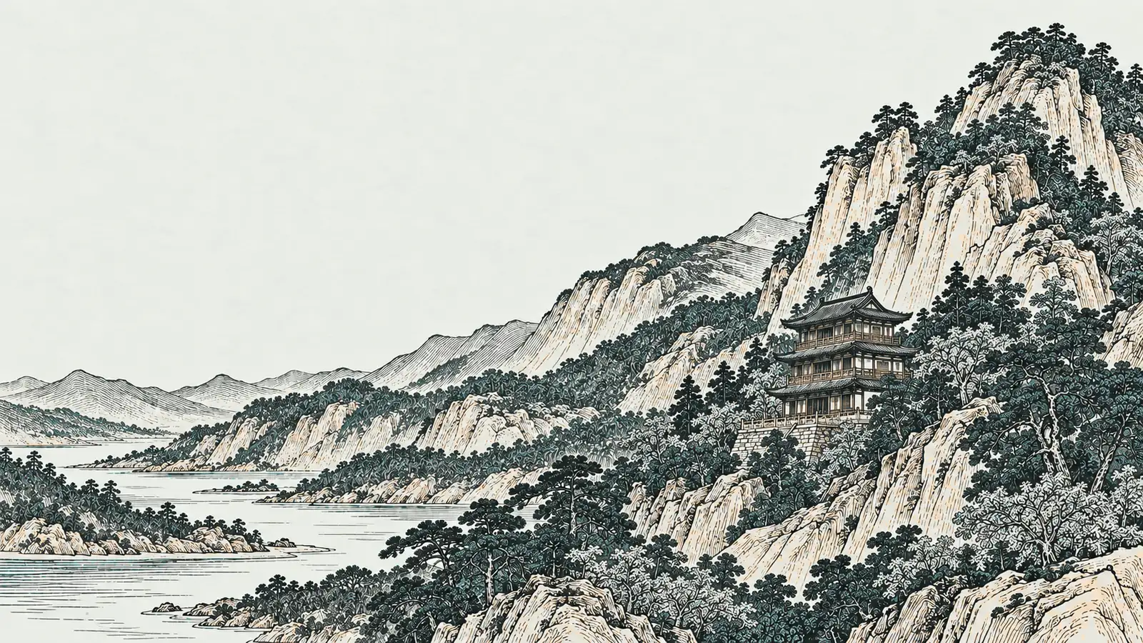 木刻淡彩：茅山山巒間的三層木樓，山下湖水
