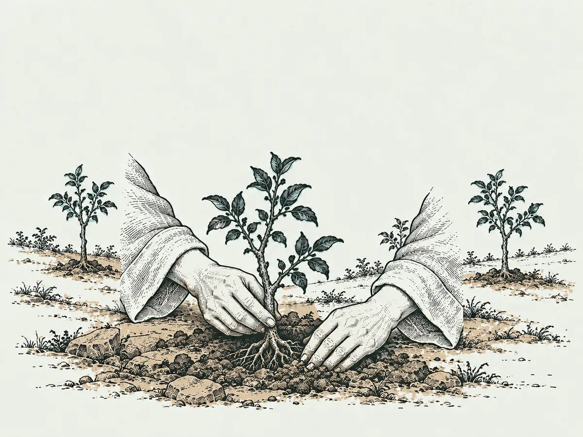 木刻淡彩:一雙手把小杏樹苗種進土裡,背景是幾株新種的小杏樹