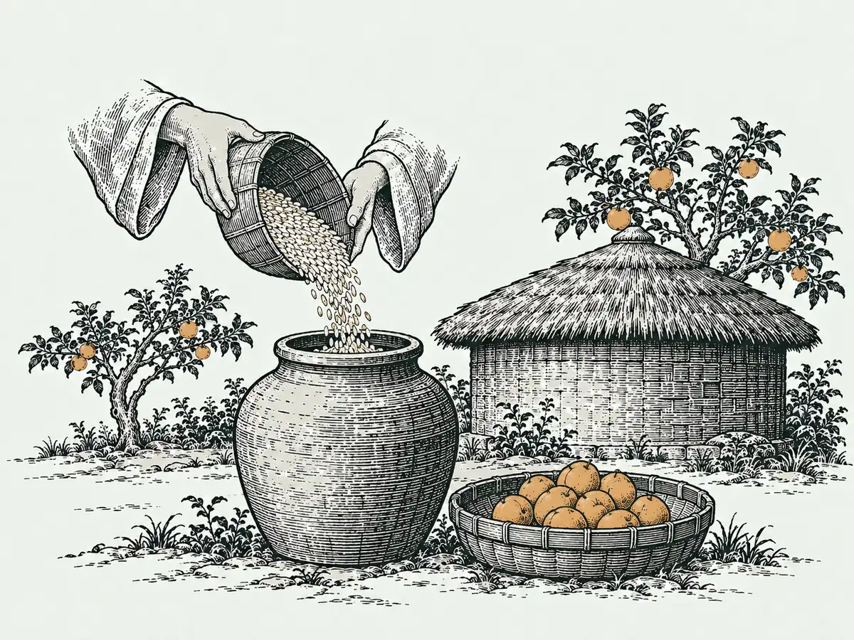 木刻淡彩:一雙手把穀倒進陶甕,旁邊一籃熟杏,背景是草頂穀倉與杏樹