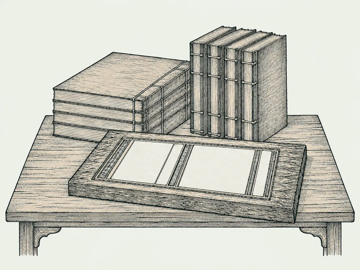 木刻淡彩：書案上的線裝書與木刻書版，書頁空白